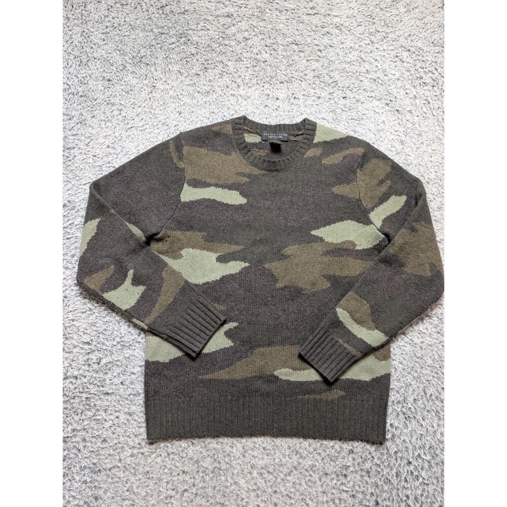 Bloomingdales Sweater Men Medium Green Camo Merino Wool Pullover Casual Preppy